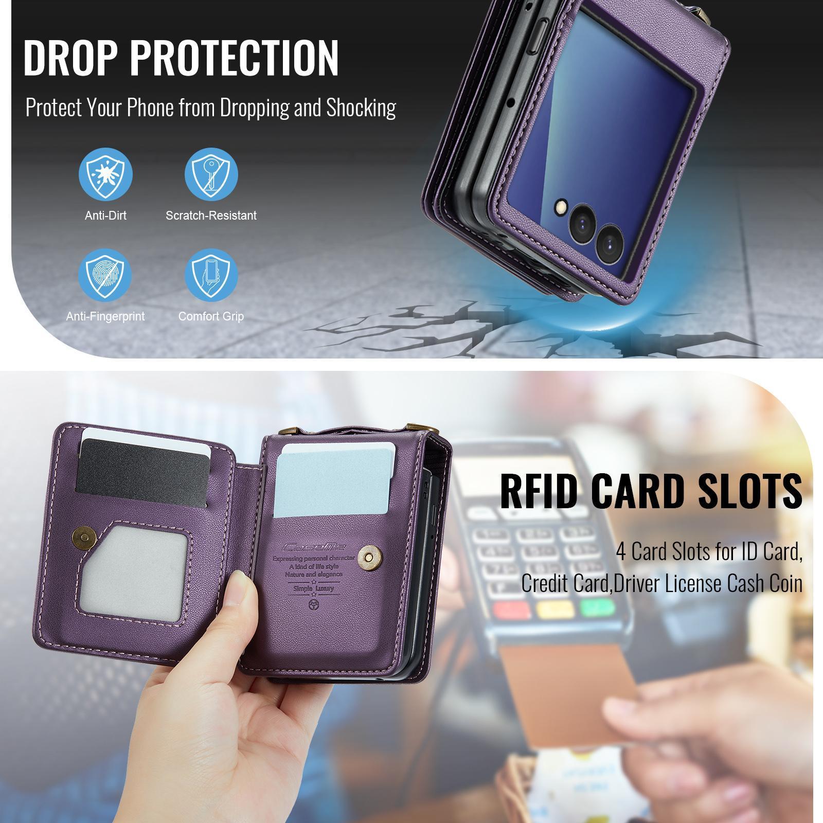 Protective Cover for Samsung Galaxy Z Flip 7 with RFID Card Holder, Sturdy Detachable Wrist Strap, Wallet-Inspired Design Perfect for Everyday Daily Use