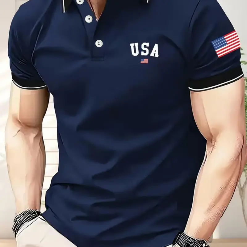 Men's Patriotic American Golf Shirt, Golf Casual Top, Button Front, Lightweight, Geometric Pattern, Short Sleeve, Casual Fit, Summer Outdoor Wear, Golfing Apparel, Short Sleeved