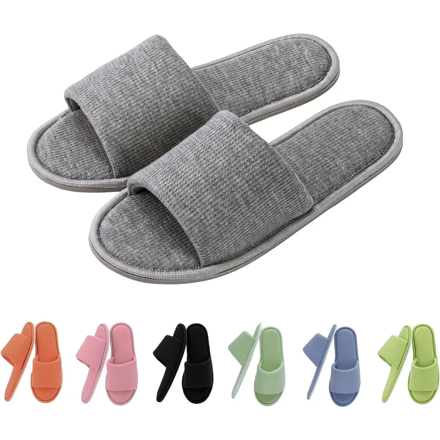 Women's Open Toe House Slippers Breathable Waffle Fabric Memory Foam Cushioning Slip-On Summer Indoor Non-Slip TPR Sole Easy Care