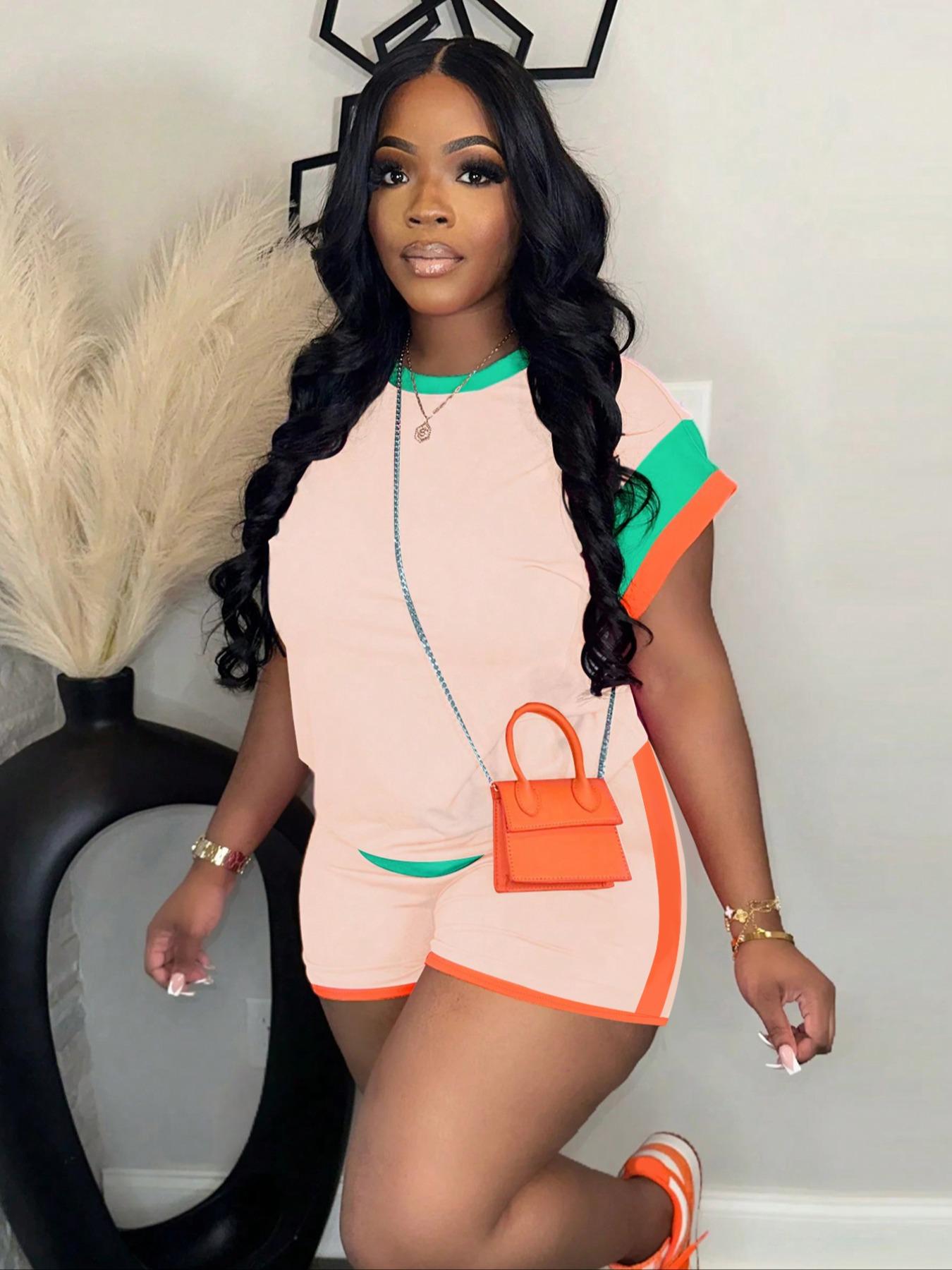 Women's Patchwork Print Short Sleeve Tee & Shorts Two-piece Set, Casual Round Neck T-shirt & Shorts for Daily Wear, Ladies Summer Clothes