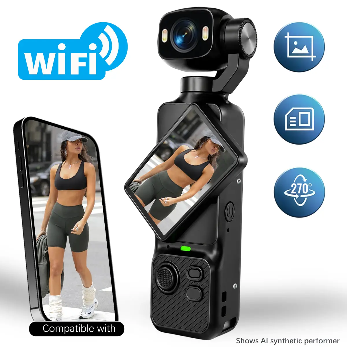 Selfie Vlog Camera with Flip Screen, 1080P HD Pocket Camera with Rotating Lens, WiFi Video Camera with Wireless Transfer, LED Fill Light for TikTok Videos, Live Streaming & Content Creation