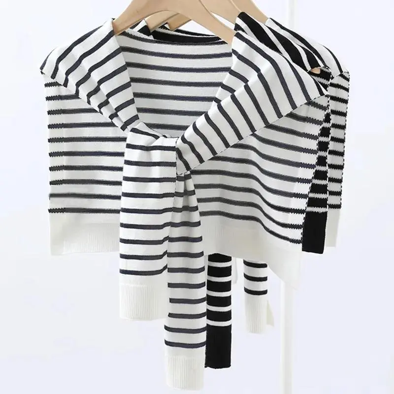 Autumn Korean Knit Warm fashionable Shawl Stripe Guard Neck Scarf Winter Female Blouse Shoulders Fake Collar Cape Knotted Scarf