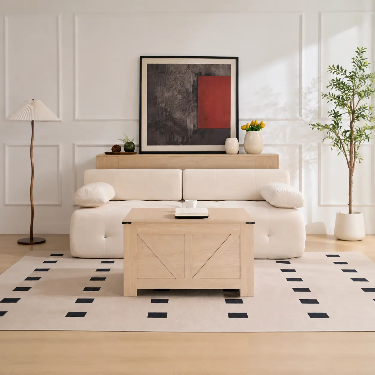 Farmhouse Coffee Table with Storage, Rustic Wood Square Cocktail Table for Living Room, Modern Walnut & Ivory Accent Table with Half Open Storage Compartment, Large Center Table for Apartment, Office, Lounge, Home Decor Furniture