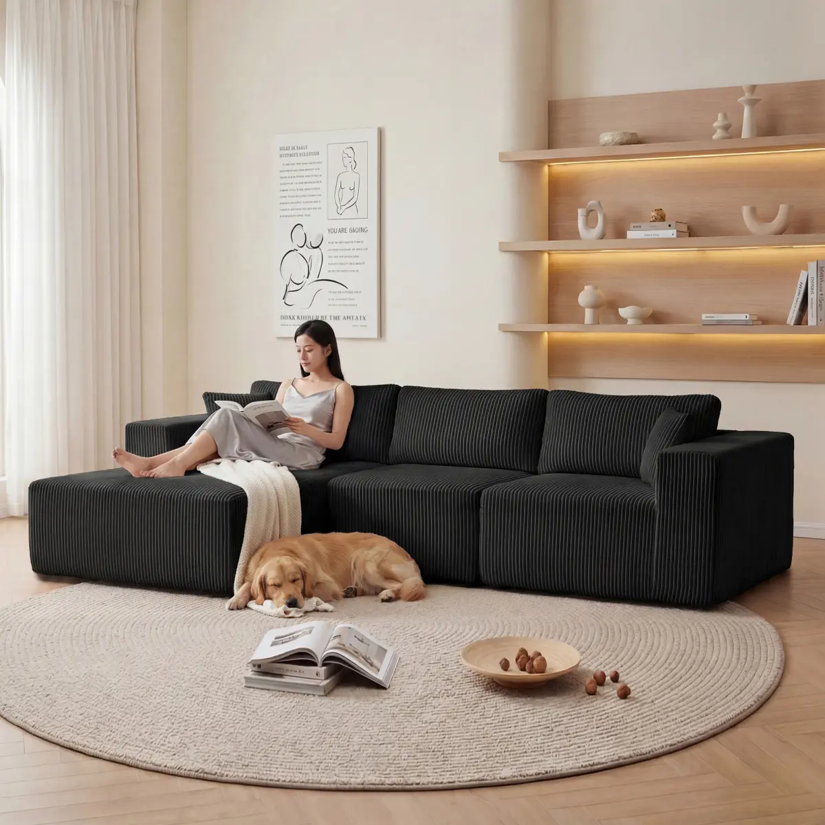 Aobtkel Modular Sectional Sofa with Chaise, Cloud Couch with Deep Seats, Corduroy Boneless L-Shaped Sectional Sofa, No Assembly Required Comfy Couch for Living Room, Apartment, Bedroom and Small Spaces