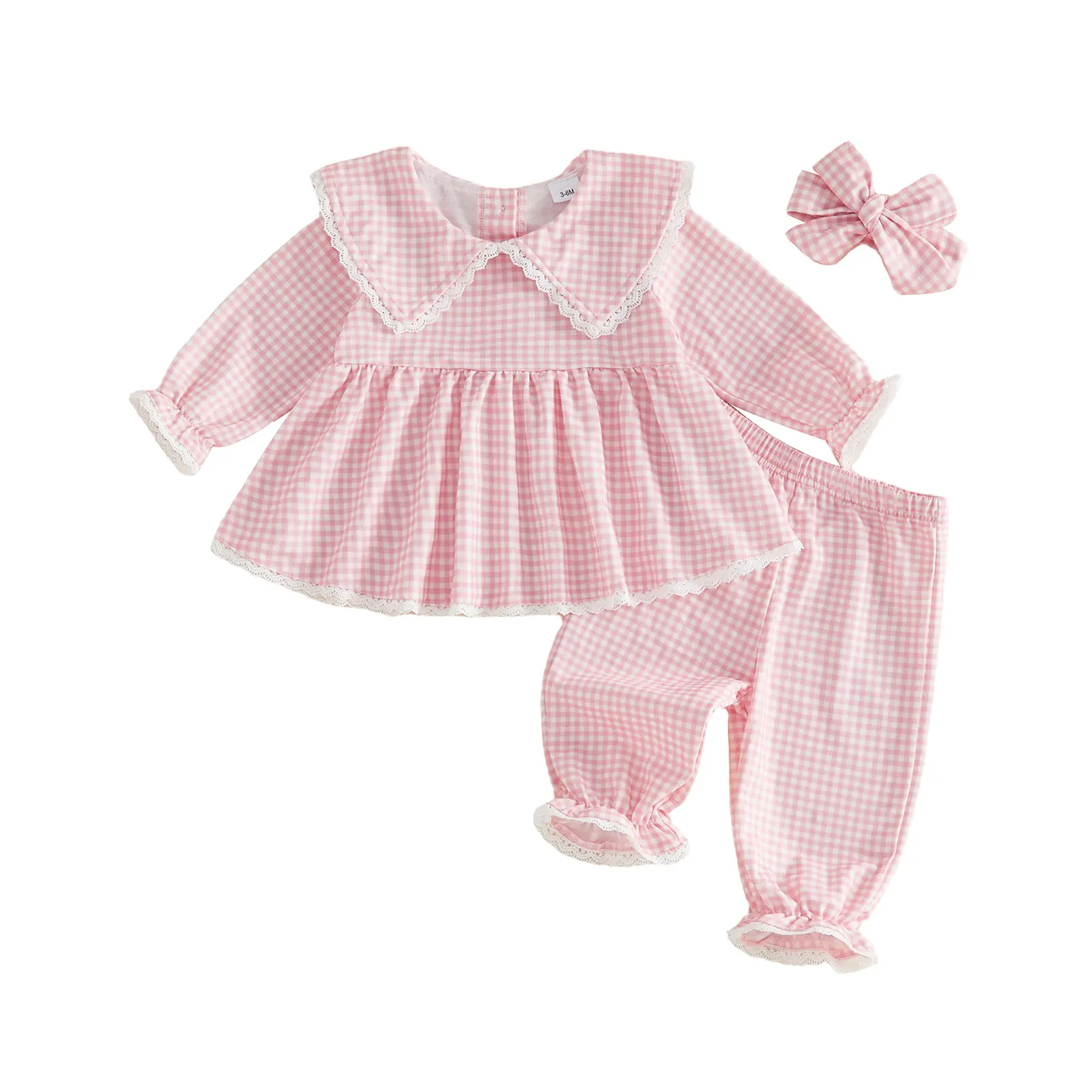Toddler Baby Little Girl Plaid Outfits Long Sleeve Doll Collar Tops + Elastic Pants + Headband Fall Winter 3M-3T