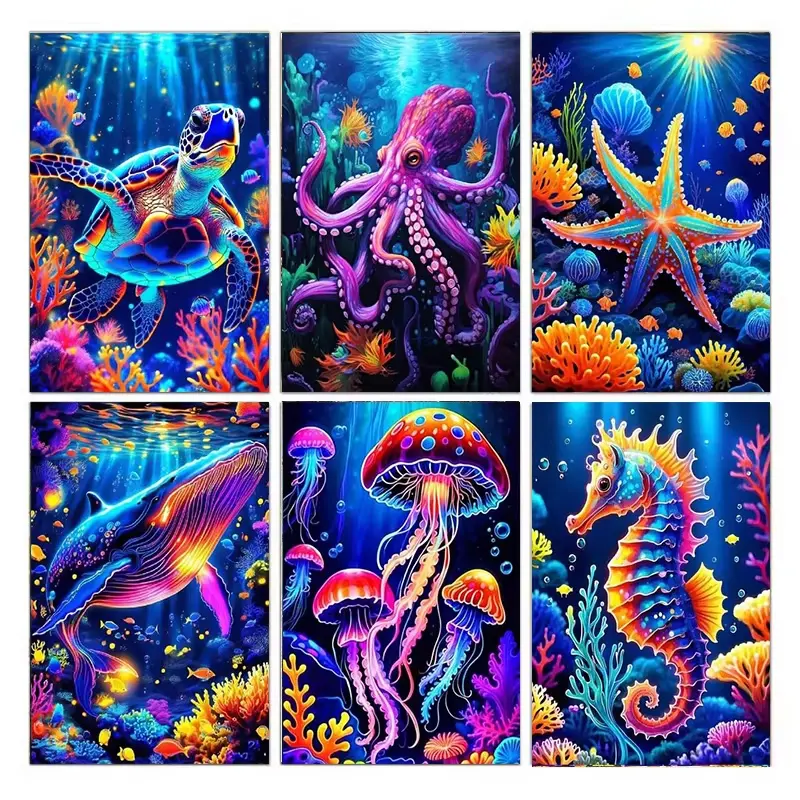 5D Full Drill Diamond Painting Full Kit, Beginner-Friendly DIY Resin Gems Art for Adult Hobby, Ocean Animal Set (Turtle, Octopus, Whale, Jellyfish, Seahorse, Starfish) Home Wall Decor