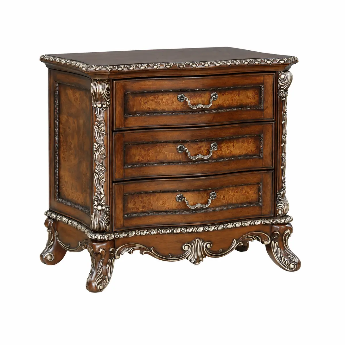 Devany Classic 32x19x30" Chey Wood Bedside Table, Antique Oak Finish Resin 3-Drawer Indoor Furniture Nightstand, Three Drawers