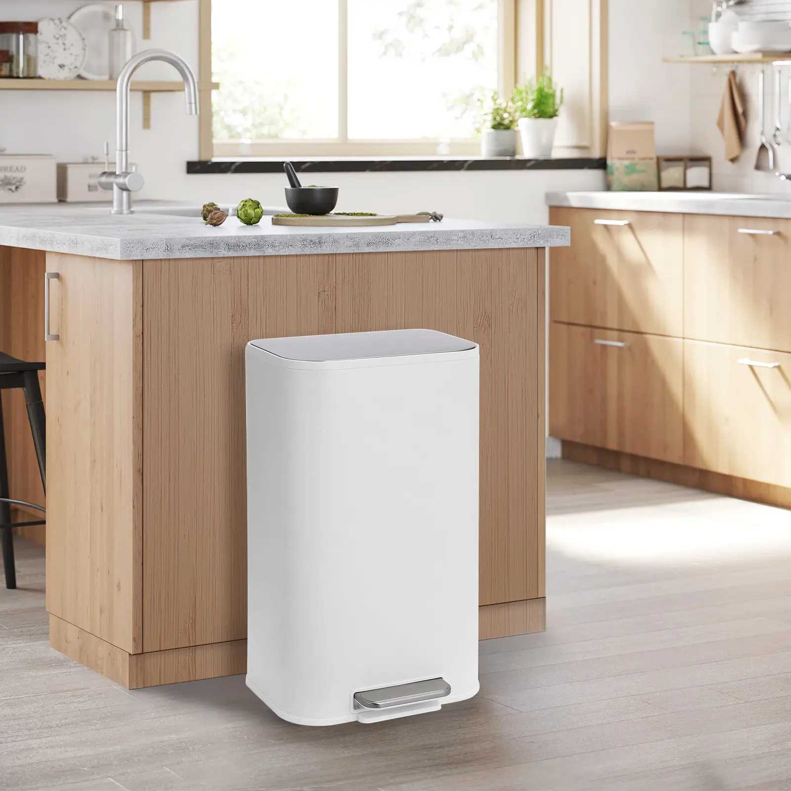 Kitchen Trash Can, 5.3 Gallon Stainless Steel Garbage Can with Lid, Soft Close Step Trash Can with Foot Pedal & Removable Inner Bucket, Rectangular Kitchen Garbage Can for Home, Office, Living Room