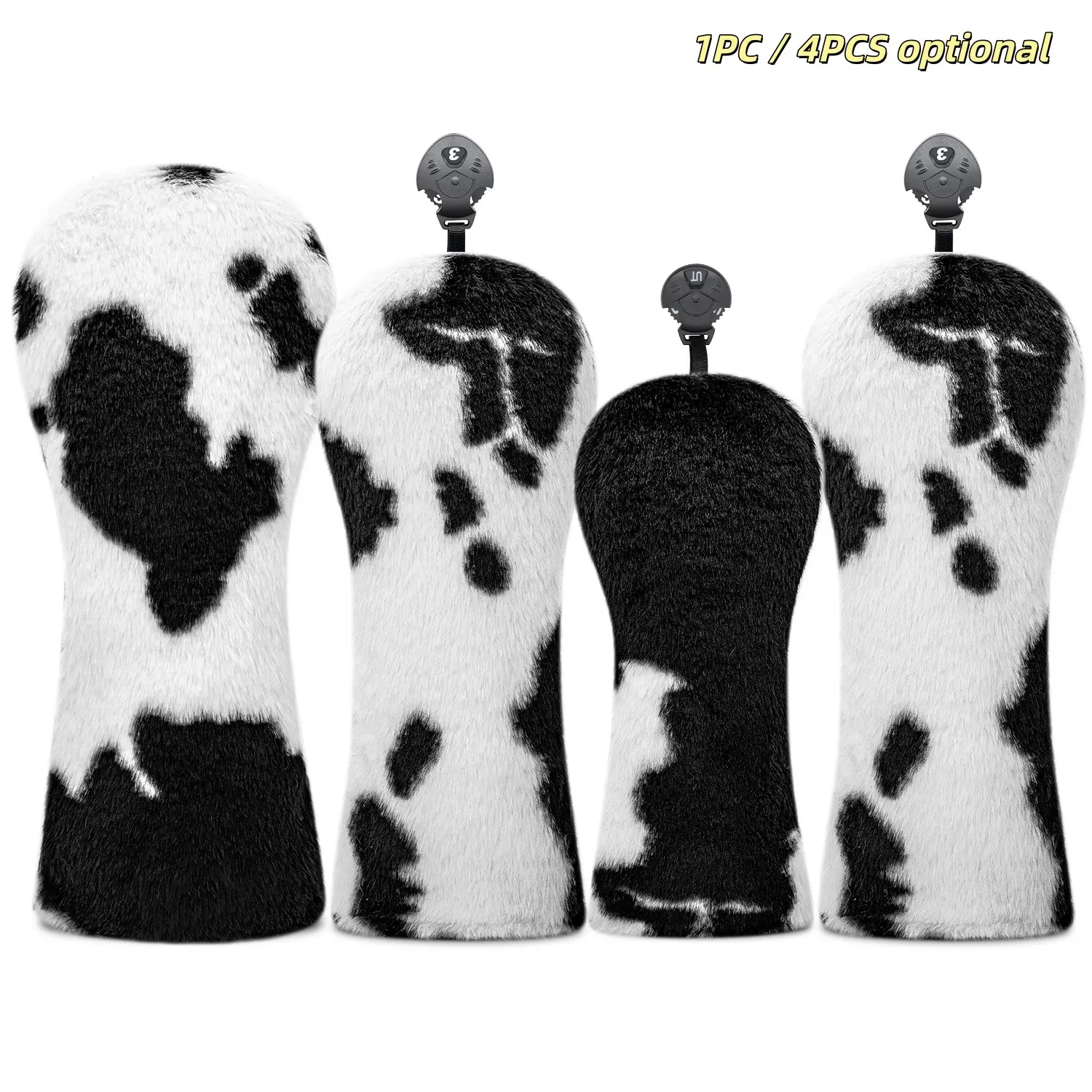 Fluffy Cow Pattern Golf Club Wood Head Covers, Thick PU Plush Driver Headcover Set, Cute Unique Golf Gift for Men Women Golfers