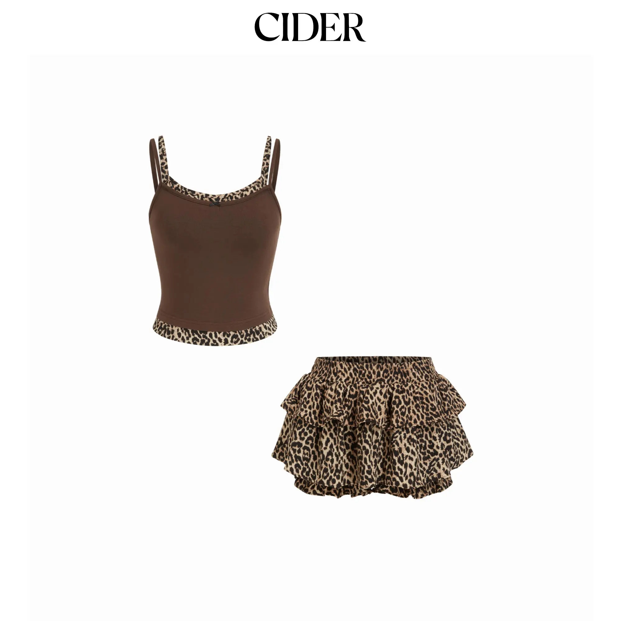 Cider Ruched Scoop Neck Leopard Print Cami Top & Mid Rise Tiered Shorts Set