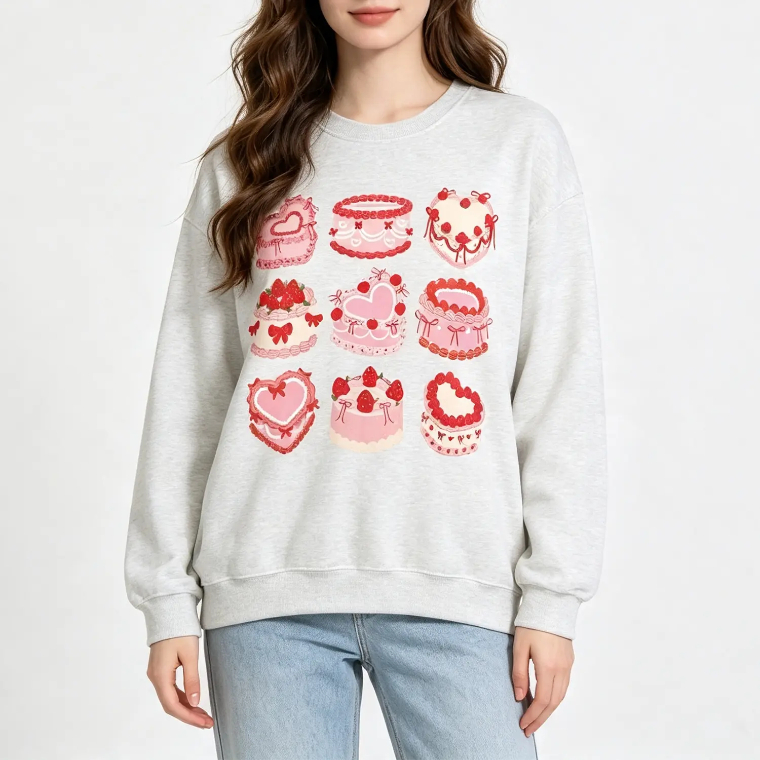 Crewneck Sweatshirt Graphic Sweatshirt Cute Pink Heart Strawberry Cake Print Sweatshirt, Sweatshirts For Women Soft Heather Gray Casual Loose Fit Long Sleeve Pullover Sweatshirt For Daily Party Street Outfits