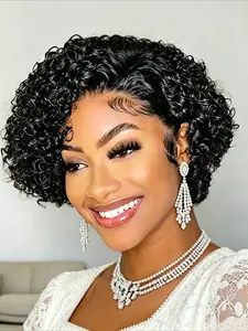 Pixie Cut Curly Wave Wig 13x1 T Part Lace Front Human Hair Wig for Women 150% Density 6 Inch