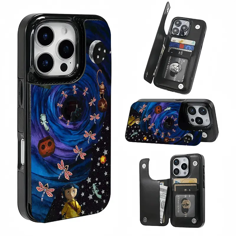 Fantasy Starry Sky Dragonfly Pattern Card Holder, This phone case features a card slot function, can store bank cards, transit cards and other cards, suitable for iPhone 17/16/15/14/13/12, and makes a great gift for girls.