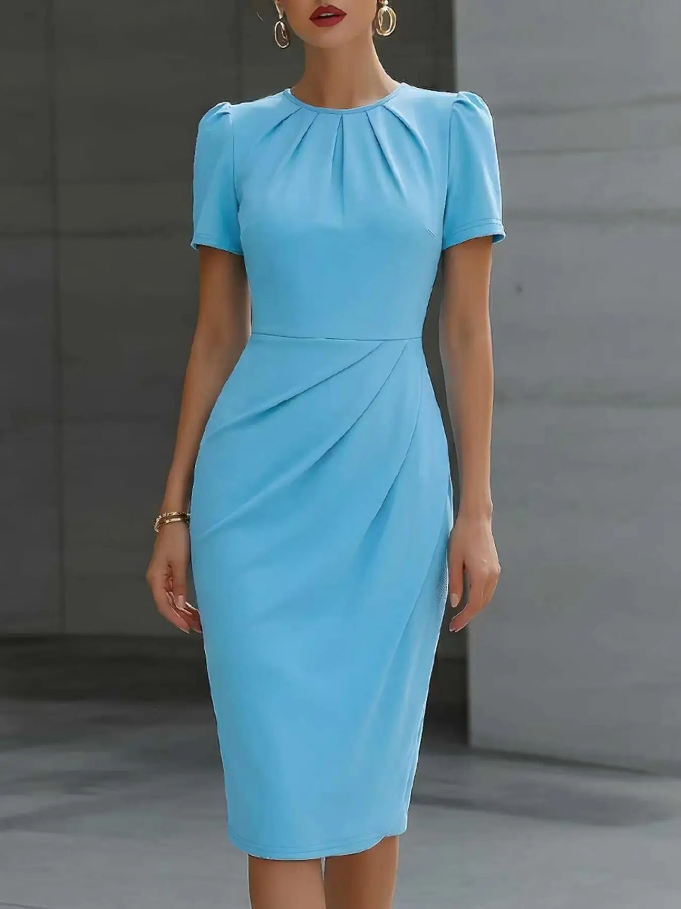 Elegant Waist-Cropped Midi Dress, Round Neck Half-Sleeve Pleated Design, Casual Fitted Style for All Seasons, Perfect for Office & Events