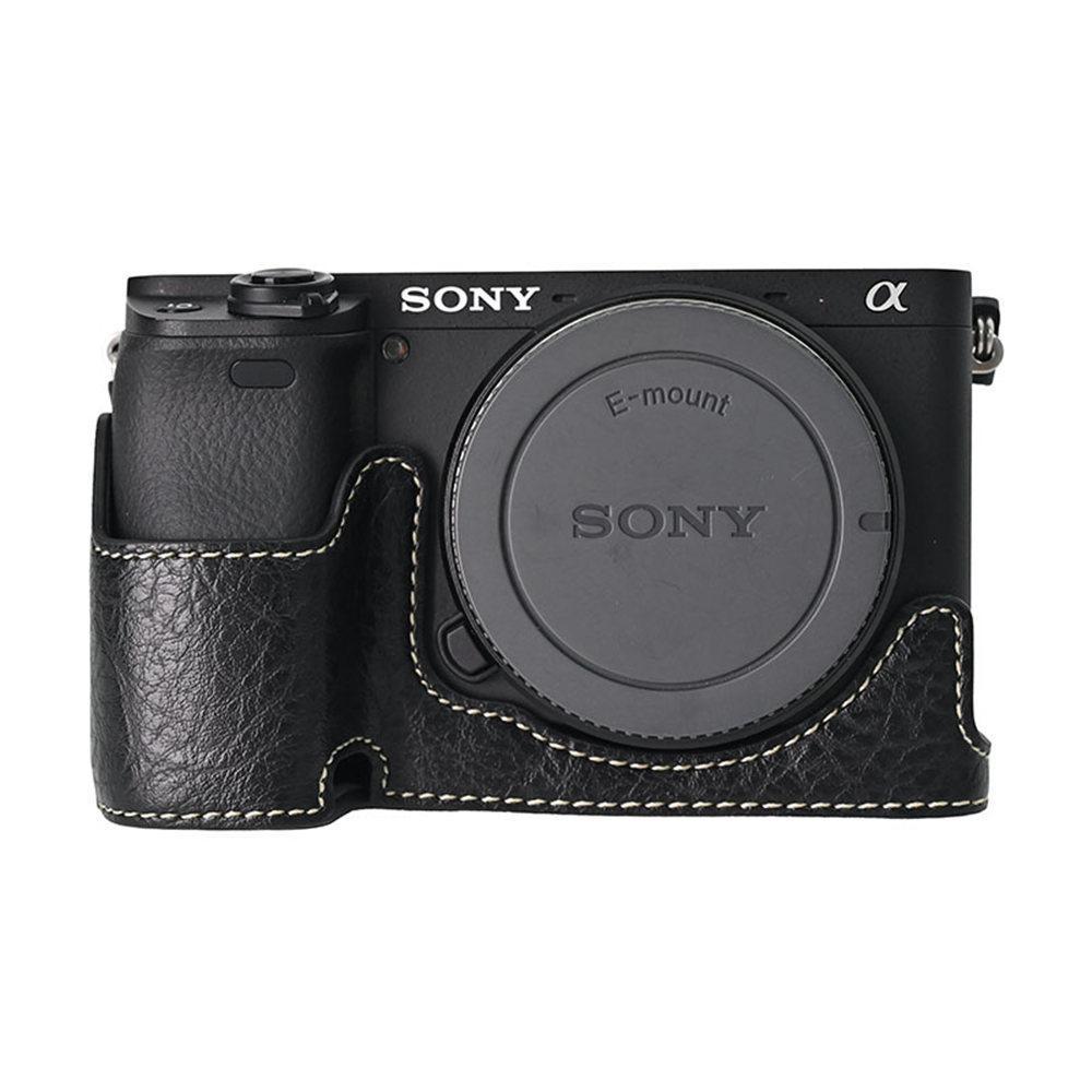 Litchi Pattern PU Leather Camera Half Case for Sony A6300 A6400 A6000 A6100 Bottom Opening Magnetic Cover With Strap
