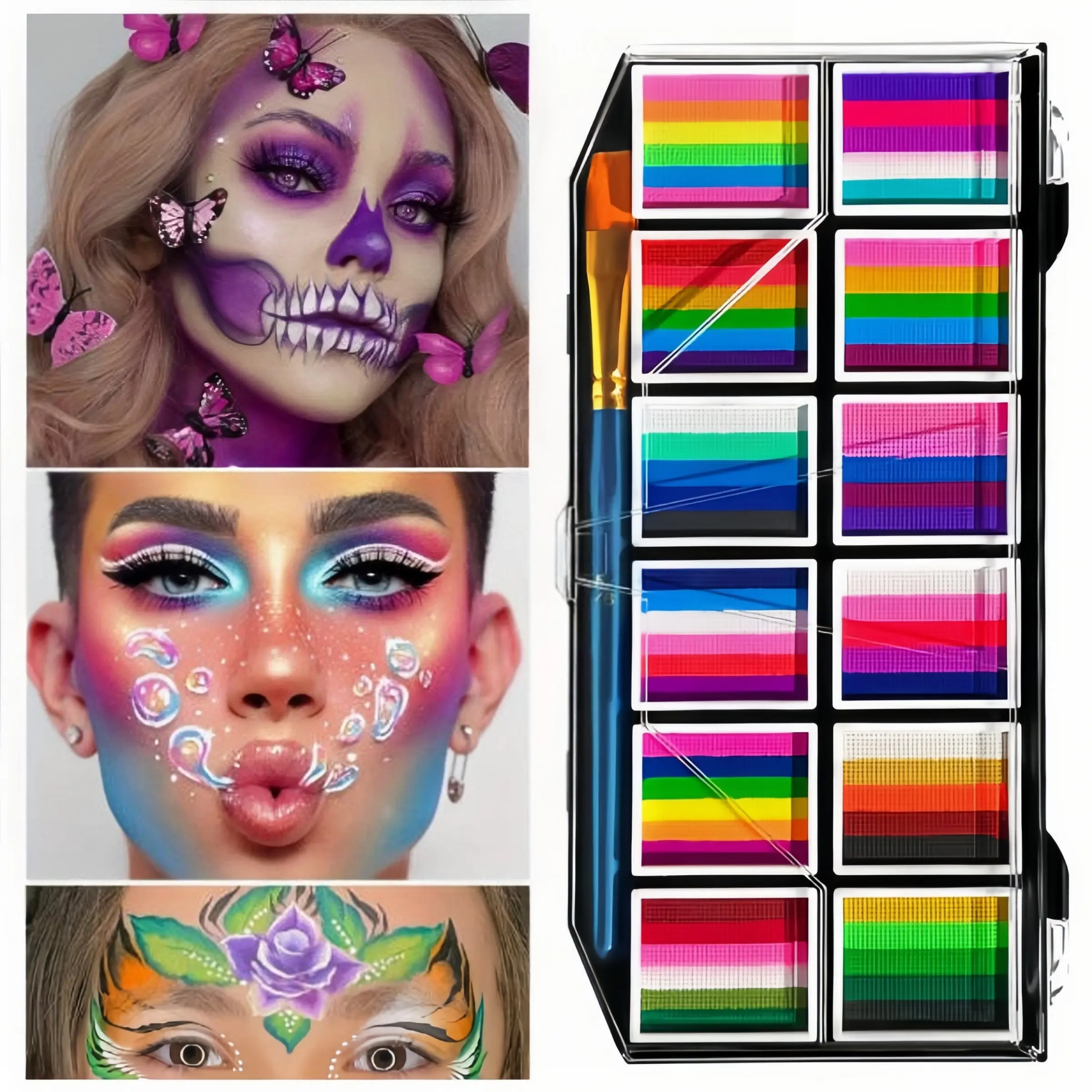 Large‑Capacity Professional Face & Body Painting Kit, 12‑Color Rainbow Face Paint Palette. Split‑type cake‑designed rainbow‑streak face paints, non‑toxic & easy‑to‑wash body paint set. Ideal for cosplay, carnival parties, stage makeup, theatrical looks, f