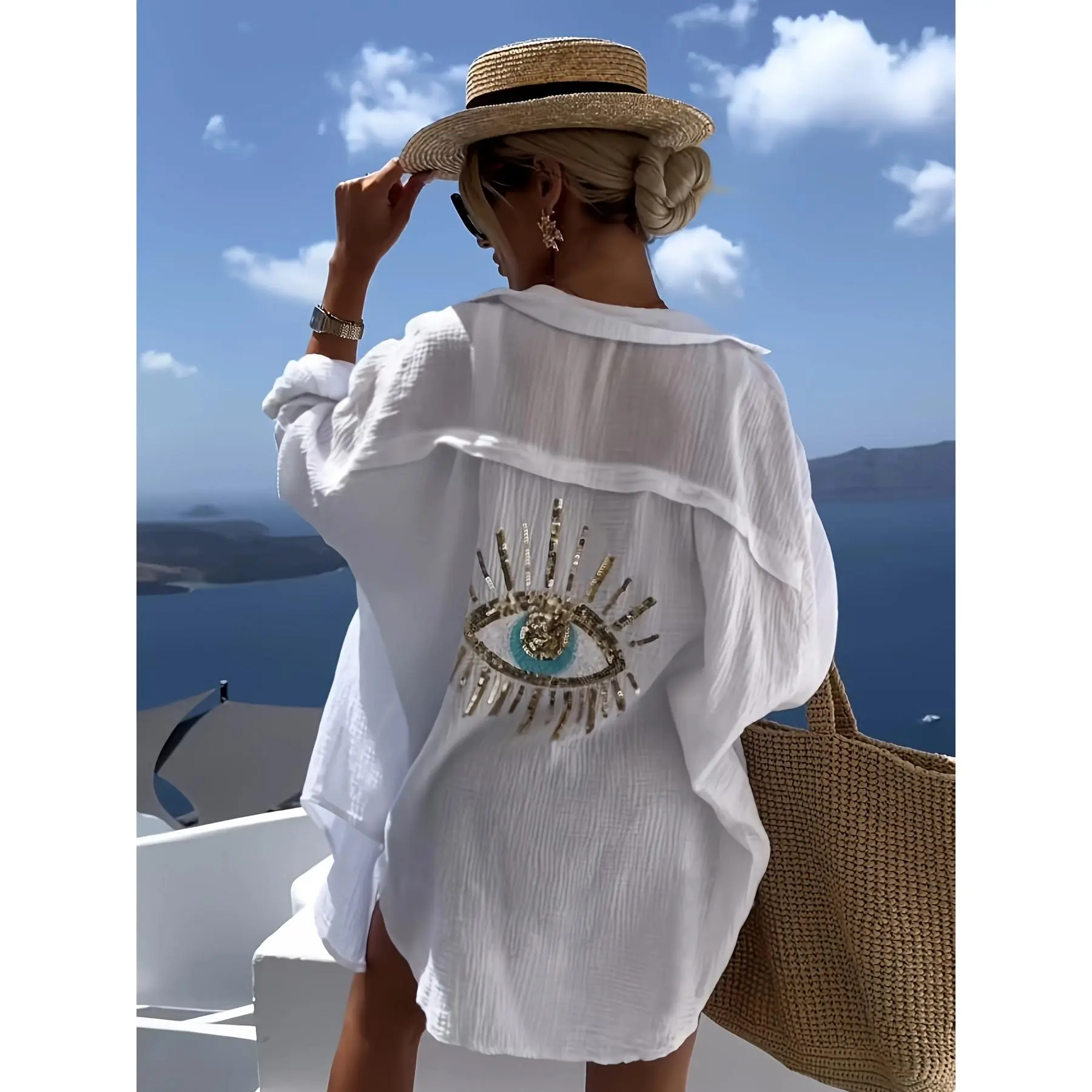 Fashionable Spring/Summer Elegant French-Style Loose Fit Casual Women's Long Sleeve Shirt with Eyelet Detail at the Back