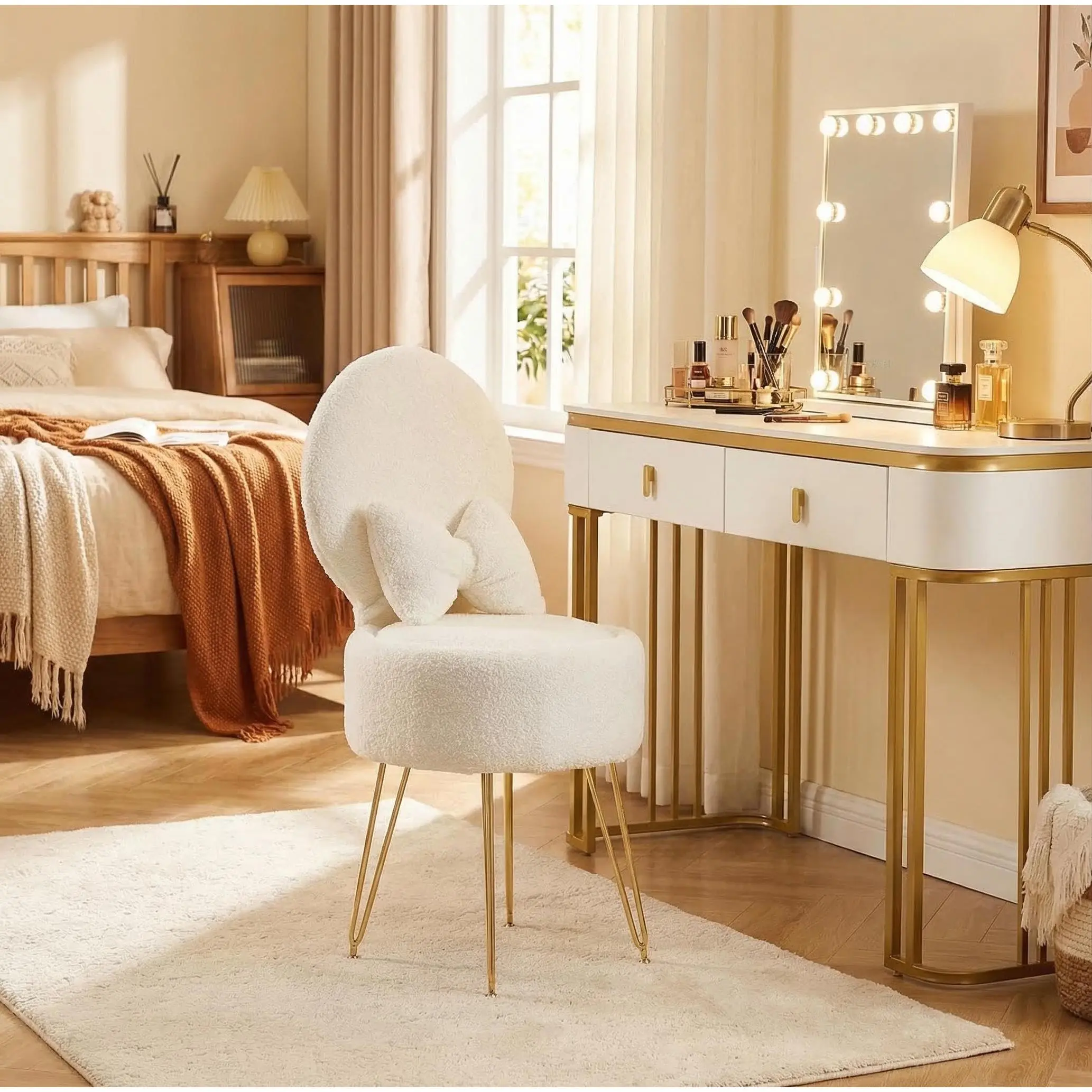 Garvee Comfy Sherpa Fleece Vanity Stool with Storage - Folding Backrest & Bow-Knot Pillow - Metal Legs - Multi-Use Ottoman for Bedroom or Dressing Table