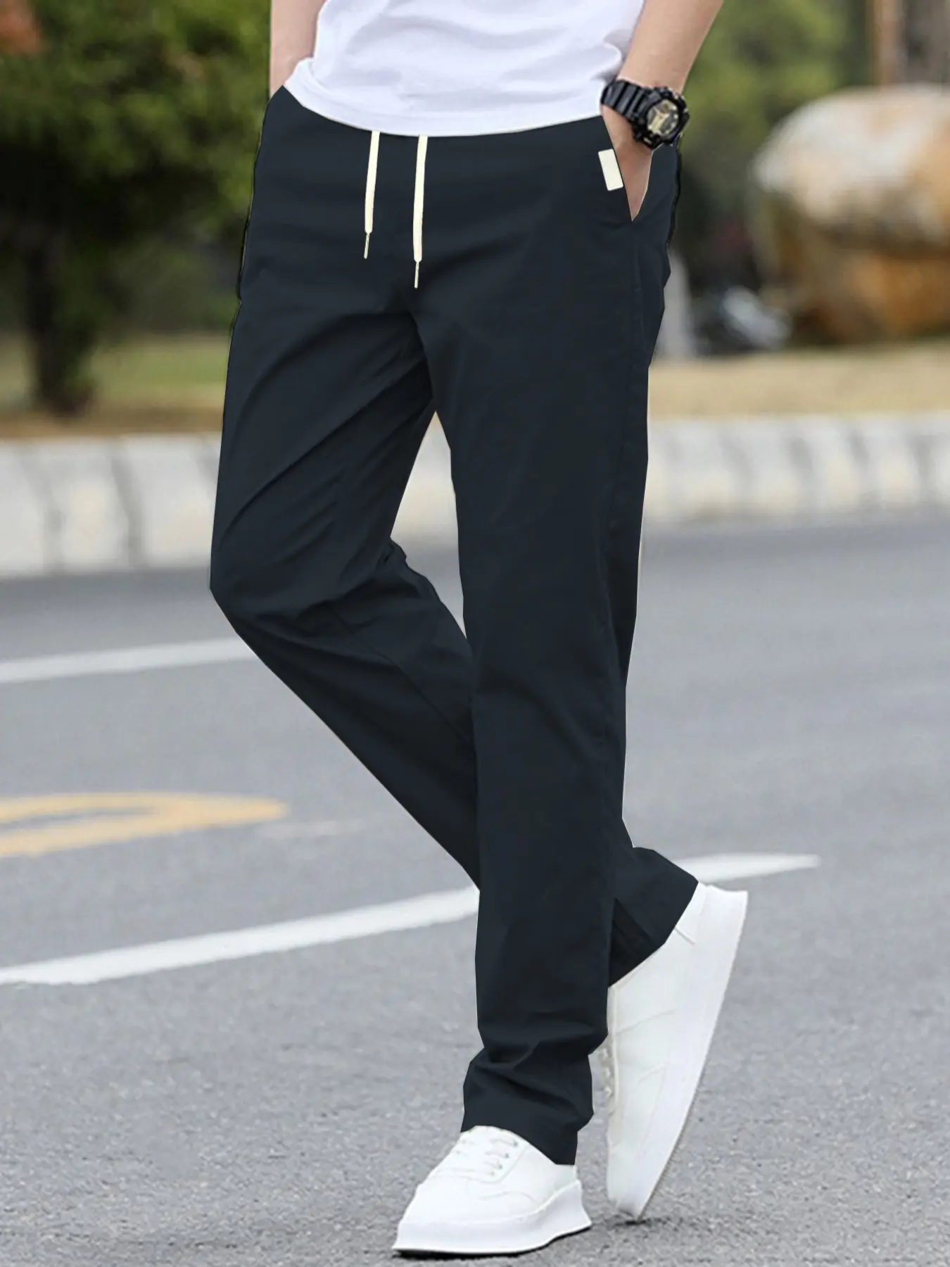 Men's Casual Drawstring Leather Label Pants, Fitted Moderate Thickness Woven Fabric, Plain, Ideal for Spring and Fall Wear, Autumn Casual Pants
