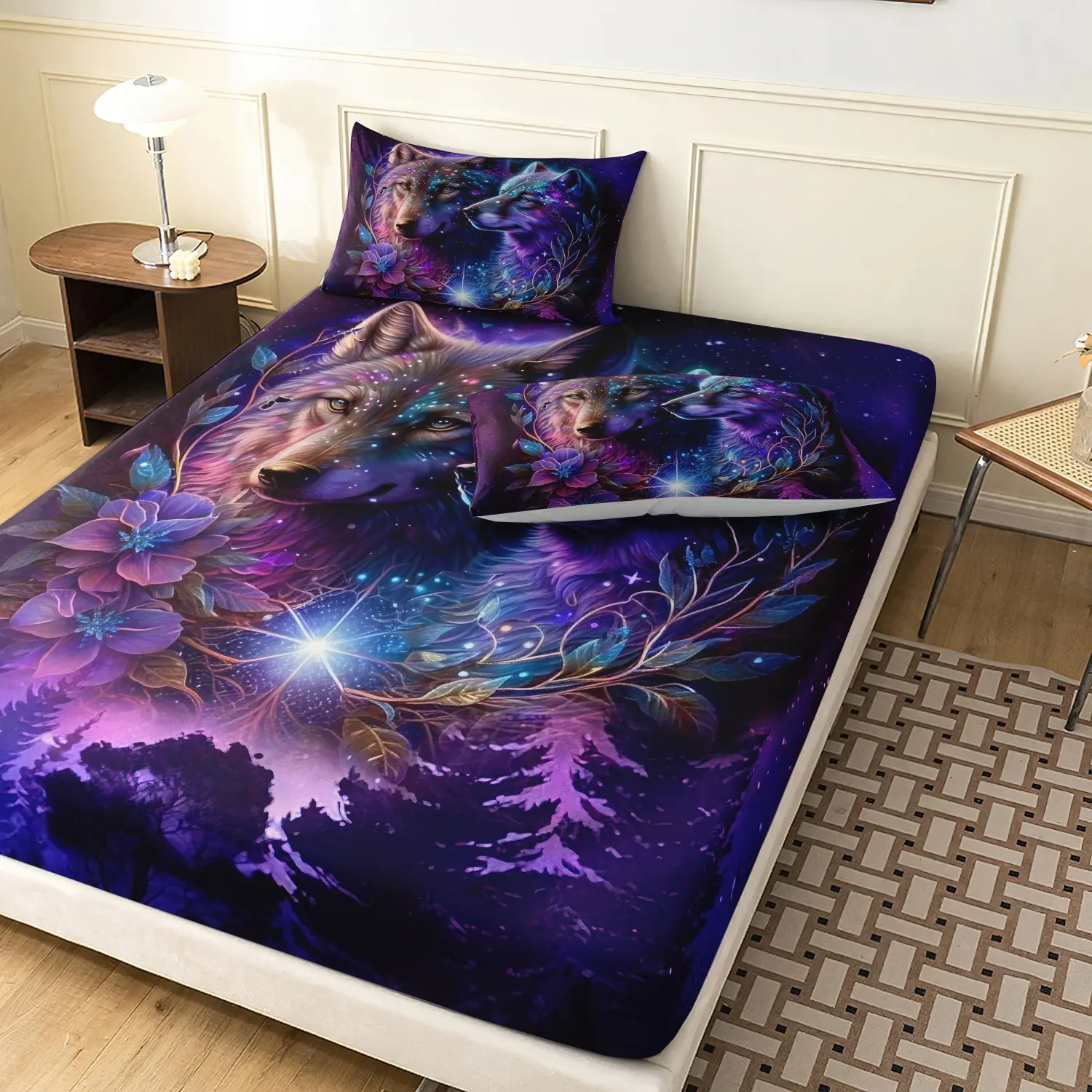  3 Pieces Fantasy Starry Forest Wolves Fitted Sheet Set, Purple Galaxy Wild Wolf Blooming Flower Night Woodland Pattern Bedding, Machine Washable Soft Breathable Bedding Linen (1 Fitted Sheet + 2 Pillowcases, No Pillow)