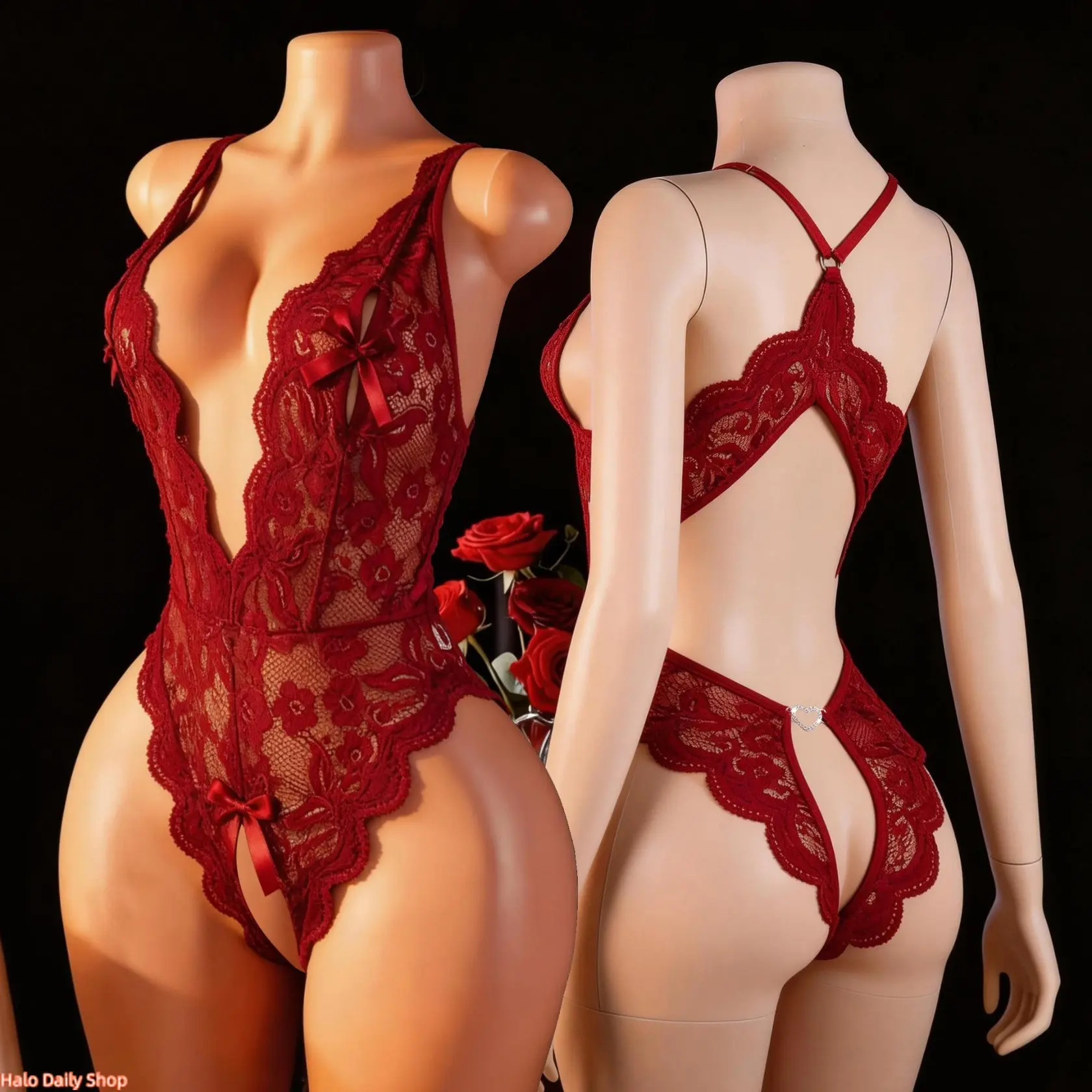 Women's Floral Lace Halter Neck Lingerie Teddy - Deep V Cutout, Open Back, Split Crotch, Mini Bow, Heart Rhinestone, Romantic Gift for Girlfriend, Travel Essential