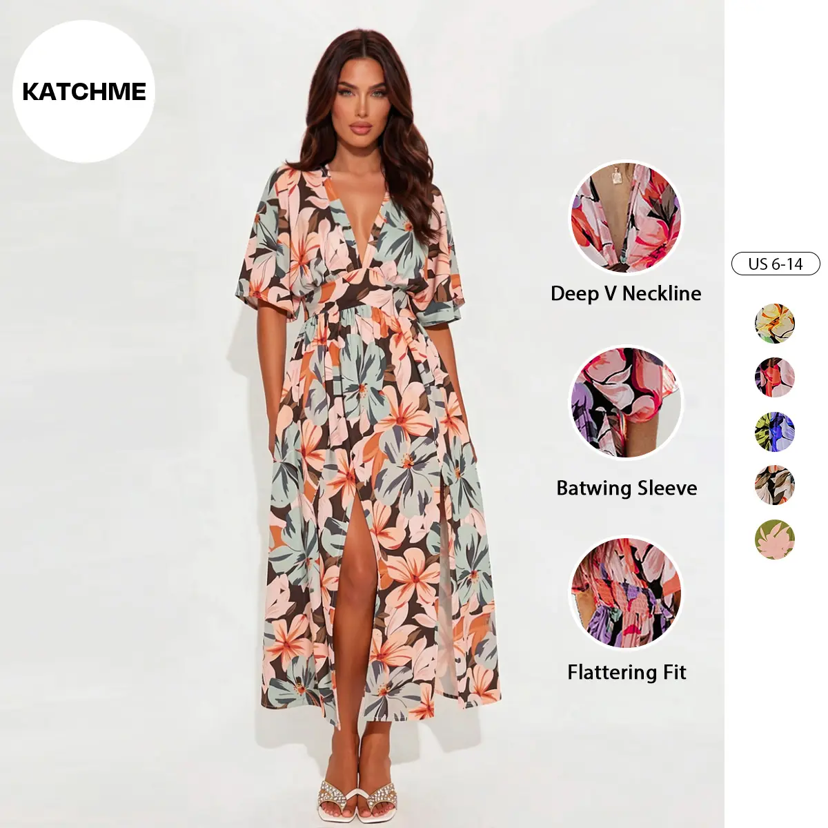Katch Me Chic Women's Vibrant Floral Print V-Neck Batwing Sleeve Side Split Lightweight Maxi Dress, Summer Cinched Waist Holiday Dresses, Comfort Outfit for Beach