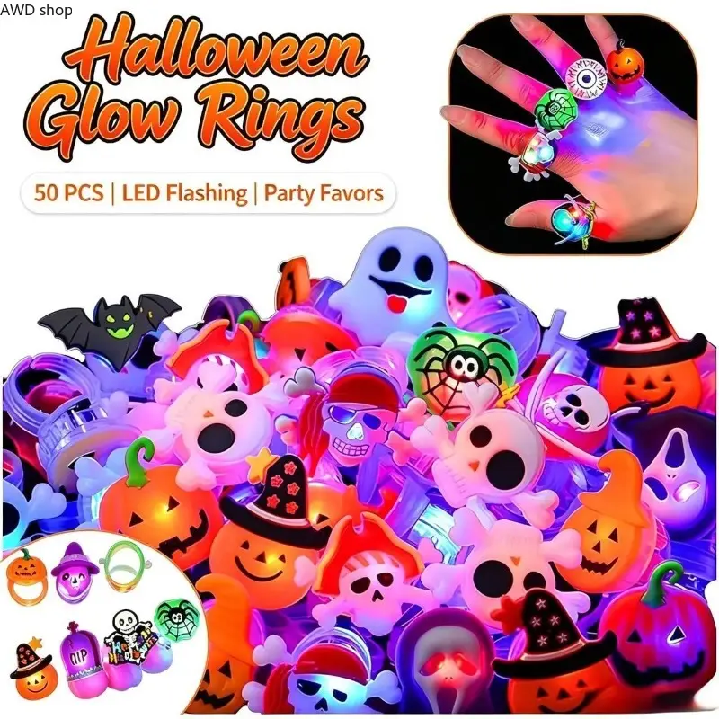Glow Halloween Rings 50 Pack - Flashing LED Party Favors for Kids, Halloween Bag Fillers, Light Up Toy Rings for Goody Bags, Mini Spooky Gifts
