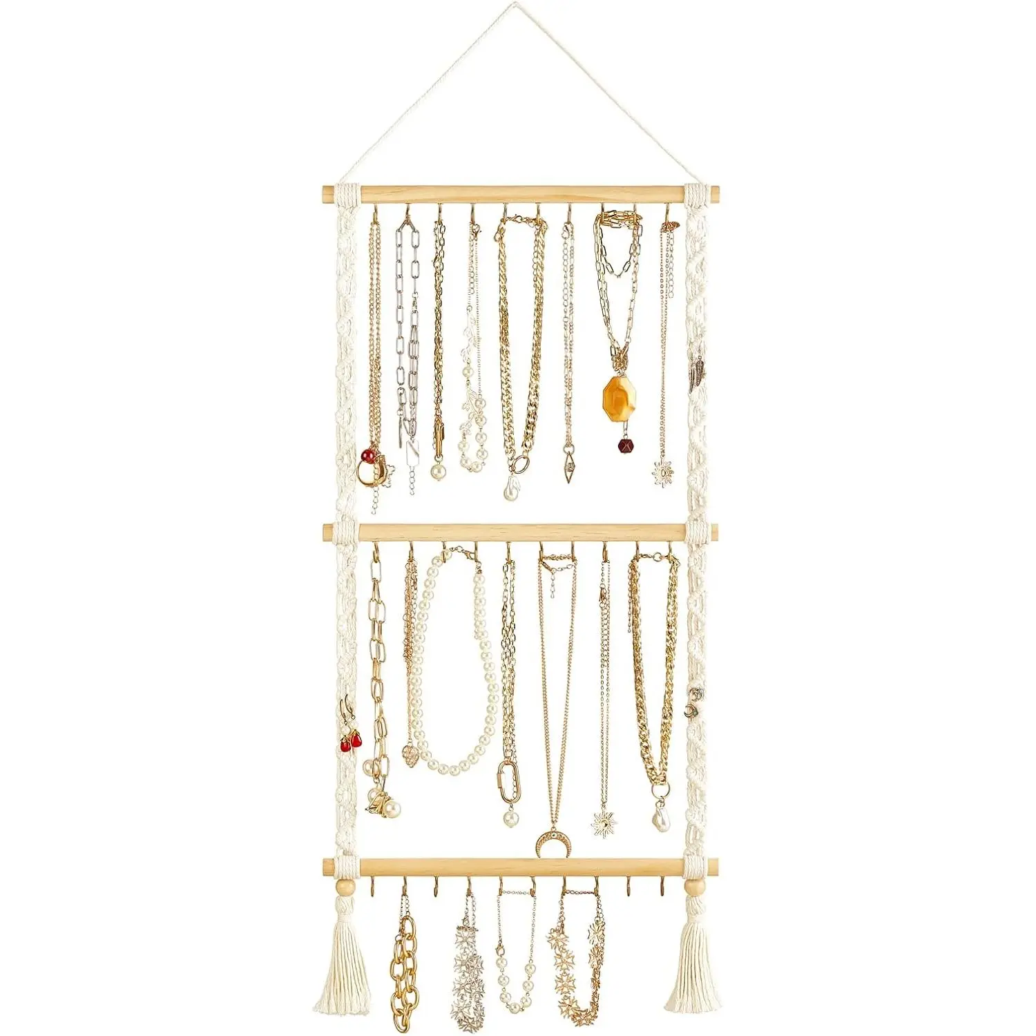 Hanging Jewelry Organizer Macrame Necklace Holder with 30 Hooks Wall Mounted Jewelry Hanger Over Door Necklace Rack with Tassel for Necklace Bracelet Earring Headband Bow Organizer
