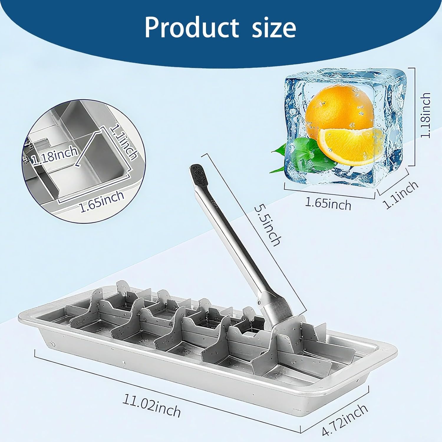 Stainless Steel Ice Cube Trays with Tweezers, Easy-Release Lever Handle, Durable Metal Ice Cube Trays for Freezer, Ideal for ,  & Drinks (1 Pack)