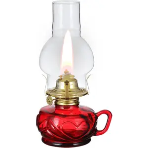 Vintage Red Kerosene Lamp with Handle, Large Colored Glass Hurricane Oil Lantern, Decorative Lamp for Indoor Tabletop Decor Emergency Lighting