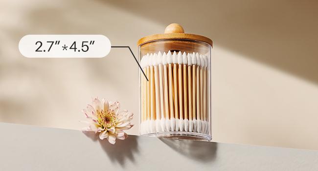 4 Pack Qtip Holder Dispenser with Bamboo Lids - 10 oz Clear Plastic Apothecary Jar Containers for Vanity Makeup Organizer Storage - Bathroom Accessories Set for Cotton Swab, Ball, Pads, Floss