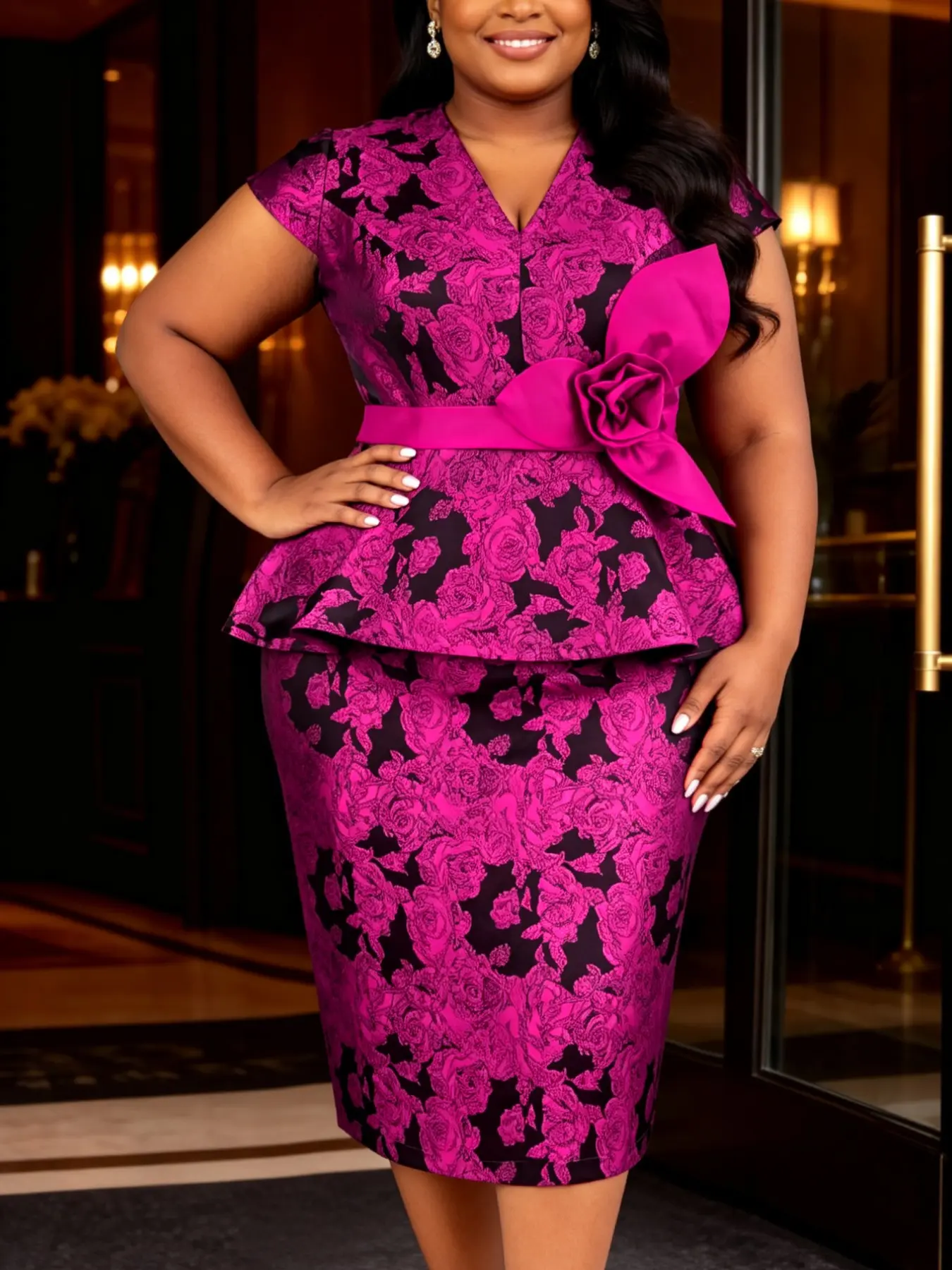 Plus Size Women Elegant Floral Bodycon Jacquard Midi Dress V Neck Cap Sleeves 3D Flower Belt Peplum Waist Pencil Skirt Church Wedding Guest Cocktail Party Spring Summer Wear