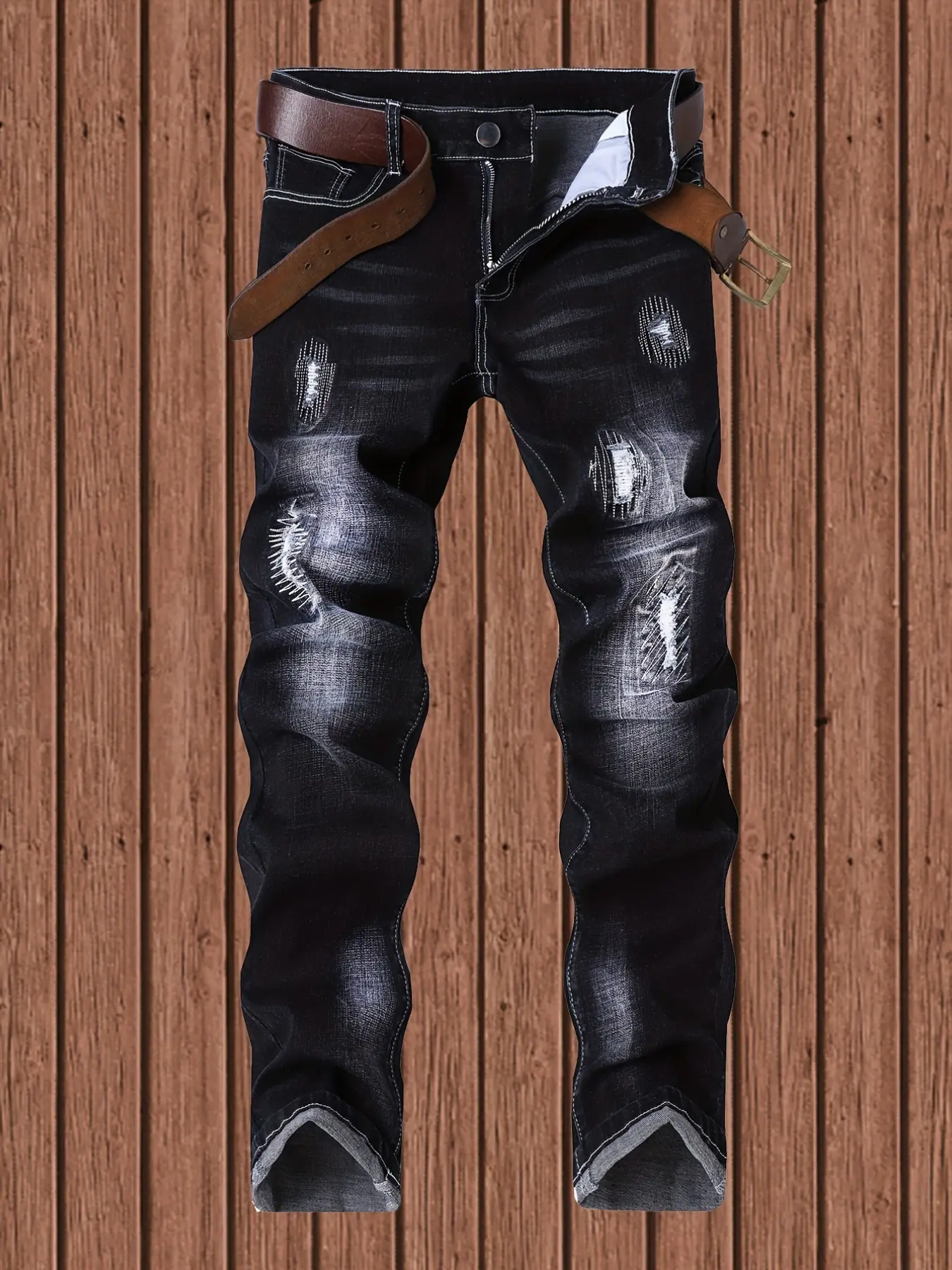 Men's Jeans Street Style Heavy-Duty Denim Jeans, Reinforced Patchwork Ripped Design, Washed Gradient Straight Leg Jeans, No Belt Included