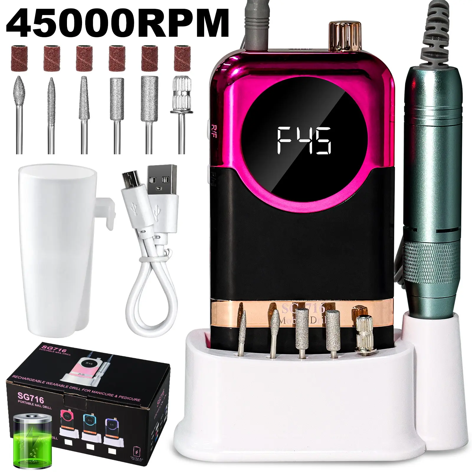 45000 Rpm Electric Nail Drill Machine, Digital Display, Forward and Reverse Function, Manicure Pedicure Tool, Ideal for Hand and Foot Care