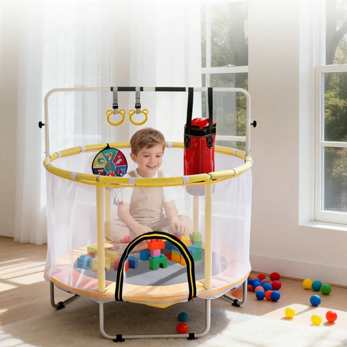 54-in Sports Mini Trampoline for Toddlers - Anti-Slip Design, Safety Net, Boxing Bag, Ring, Basketball Hoop, Adjustable Gym Bar, Bouncing Workout Option, Indoor-Outdoor Kids Gift (Net Fitness Trampolines Category), Trampoline Workout, Ocean Balls