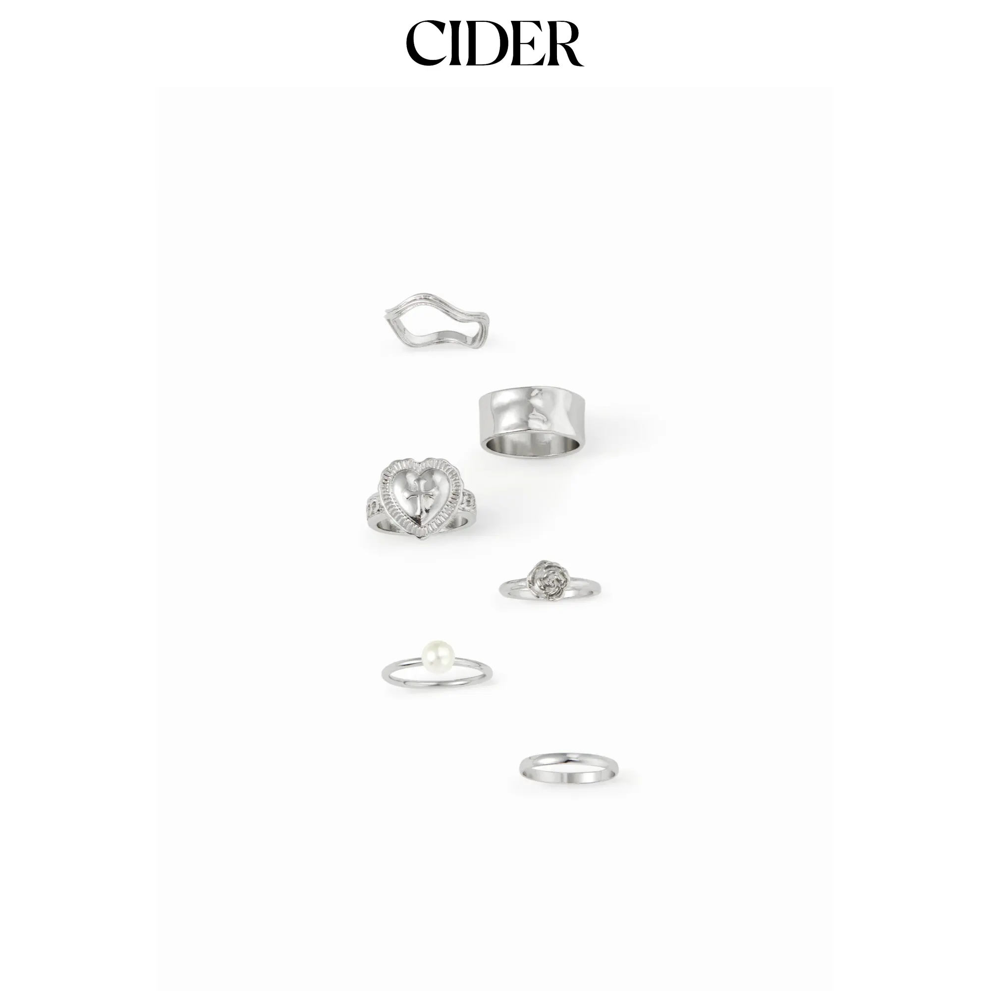 Cider 6 PCS FAUX PEARL & HEART RING SET