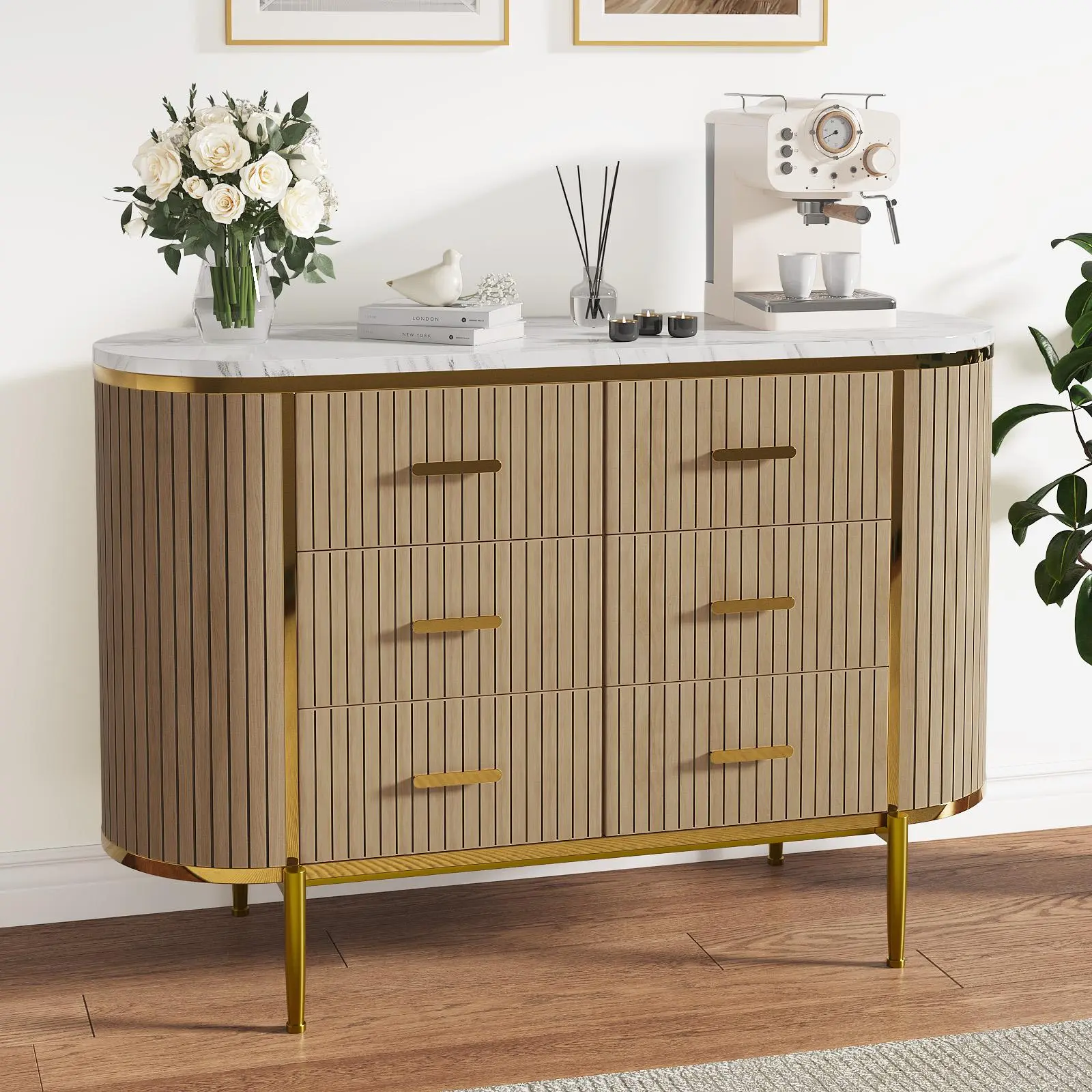 Modern Fluted 6-Drawer Wood Dresser with Faux Marble Top & Wave Pattern - Bedroom Furniture, Living Room Furniture, Storage Chest, Clothes Organizer, Media Console Credenza for Nursery Entryway Apartment