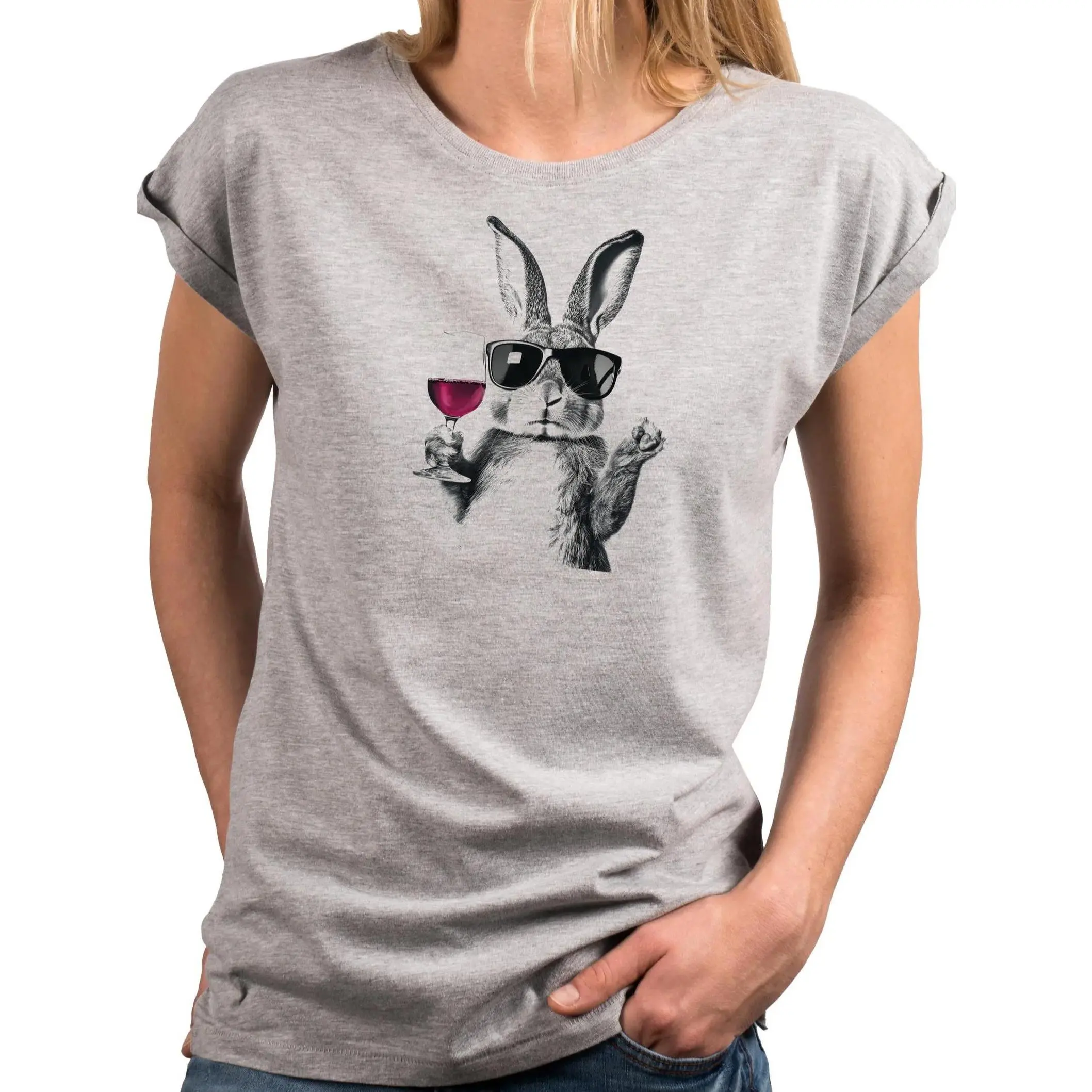 Women's Classic Crewneck Rolled Sleeves T-Shirt - Cool Rabbit With Sunglasses Red Wine Glass Graphic, Funny Wine Lover Twist Design White Casual Tee (Up to 3XL), Basic, Crew Neck