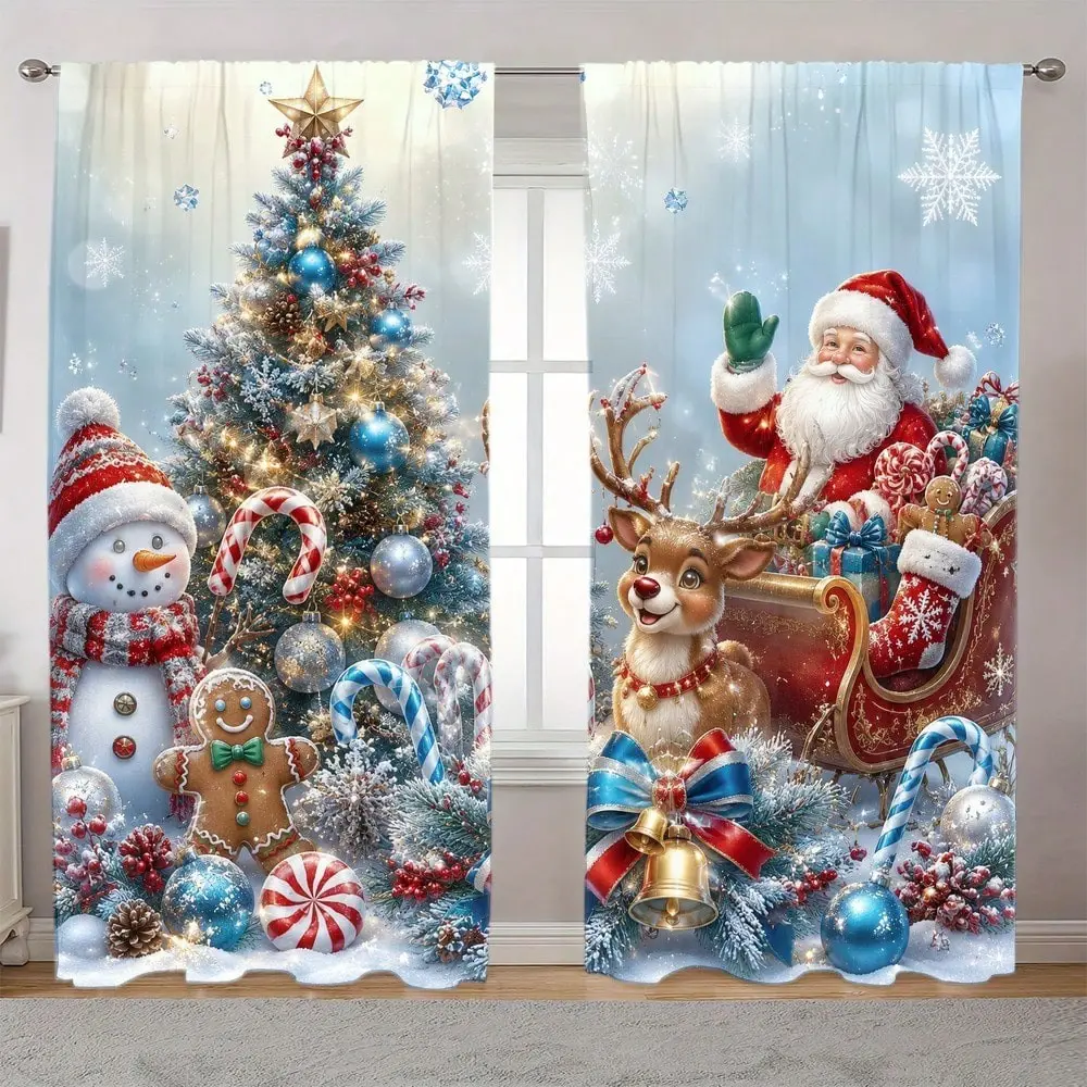 2-Pack Christmas Window Curtains, Santa Reindeer Snowman Floral Gingerbread Design, Privacy Sunscreen Decorative Drapes, Semi-Transparent Rod Pocket