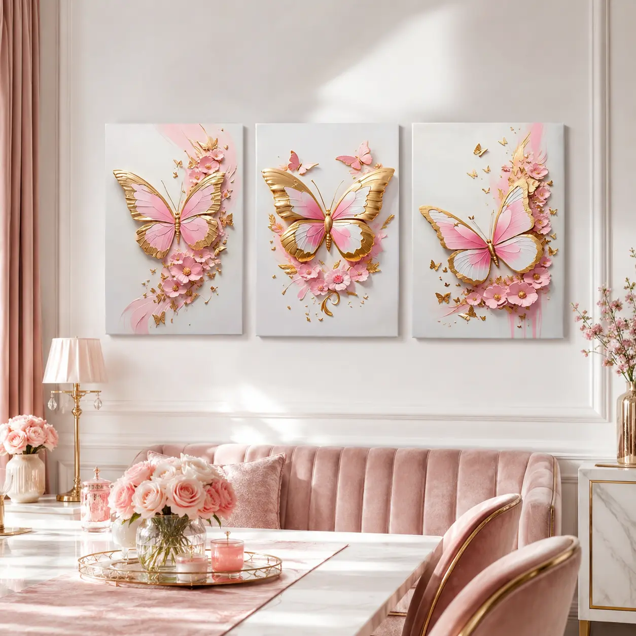 3 Piece Gold Border Butterfly Pattern Design Animal Floral Abstract Design Canvas Wall Art, Beautiful Girl Bedroom Room Living Room Poster, Nordic Room Decor, Wall Decoration, Modern Home Decor, Butterfly Floral Wall Art Set, Gift for Girls Bedroom Dorm