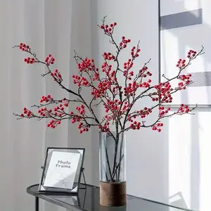 2PCS, realistic red holly berries artificial flowers - long-stemmed fake holly berries, high-quality plastic home decoration and photography props decoration, no maintenance required, festival decoration, seasonal display, DIY craft