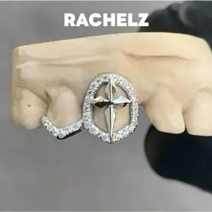 RACHELZ Y2K Punk Vintage Zircon Hollow Cross Teeth Grillz Hip Hop CZ Stone Tooth Caps For Women Men Couple Jewelry Gift
