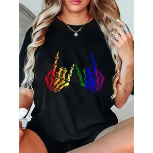 100% Cotton Unisex Skeleton Rock Hand LGBT-Q Cool Rainbow Flag Gay Pride Ally T-Shirt