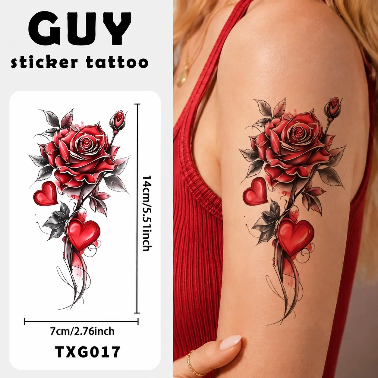 Vintage American Rose Heart Tattoo Sticker, Realistic Lighting Texture, Romantic Style, Waterproof Long-Lasting Temporary Tattoo