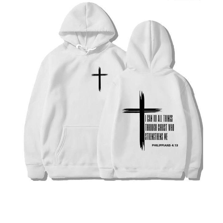 "Christian Cross hoodie b: Philippians 4:13 Bible scripture Sweatshirt, a faith-inspiring pullover /T-shirt suitable for both men and women, fashionable casual autumn and winter wear, comfortable religious hoodie for daily and spiritual wear."