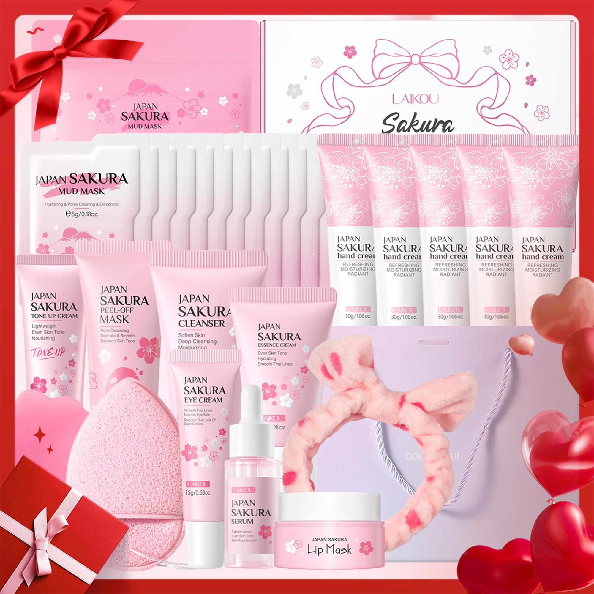 Sakura Skincare Set, Glow Kit, 36pcs/set Face Cleanser & Face Cream & Eye Cream & Serum & Lip Mask & Mud Mask & Peel Off Mask & Hand Cream & Face Scraper & Cleansing Puff Skin Care Kit