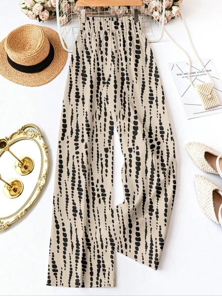 Women's casual and fashionable high waist elastic waist tie all over printed trousers wide leg pants, suitable for daily wear and outdoor activities, lazy time, beach vacation, the best choice for holidays