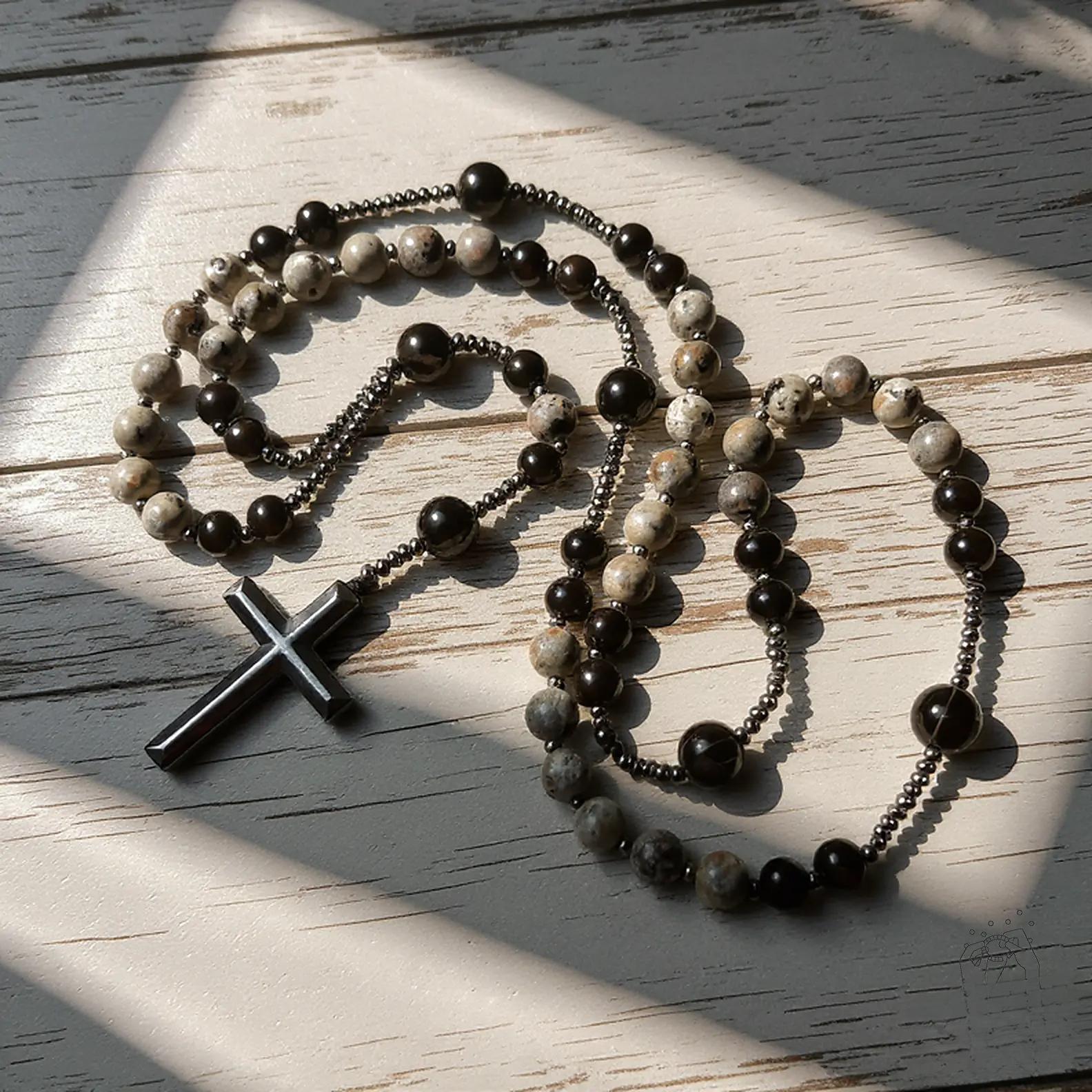 Natural Obsidian Yooperlite Rosary  UV Reactive Protection  Hematite Stone Cross Pendant   for her,  for him necklace Fashionable Collarbone Chain elegant rhinestone gift sparkly Adjustable Heart Rate Couples Set Day woman party Daily Bible Verse daughter