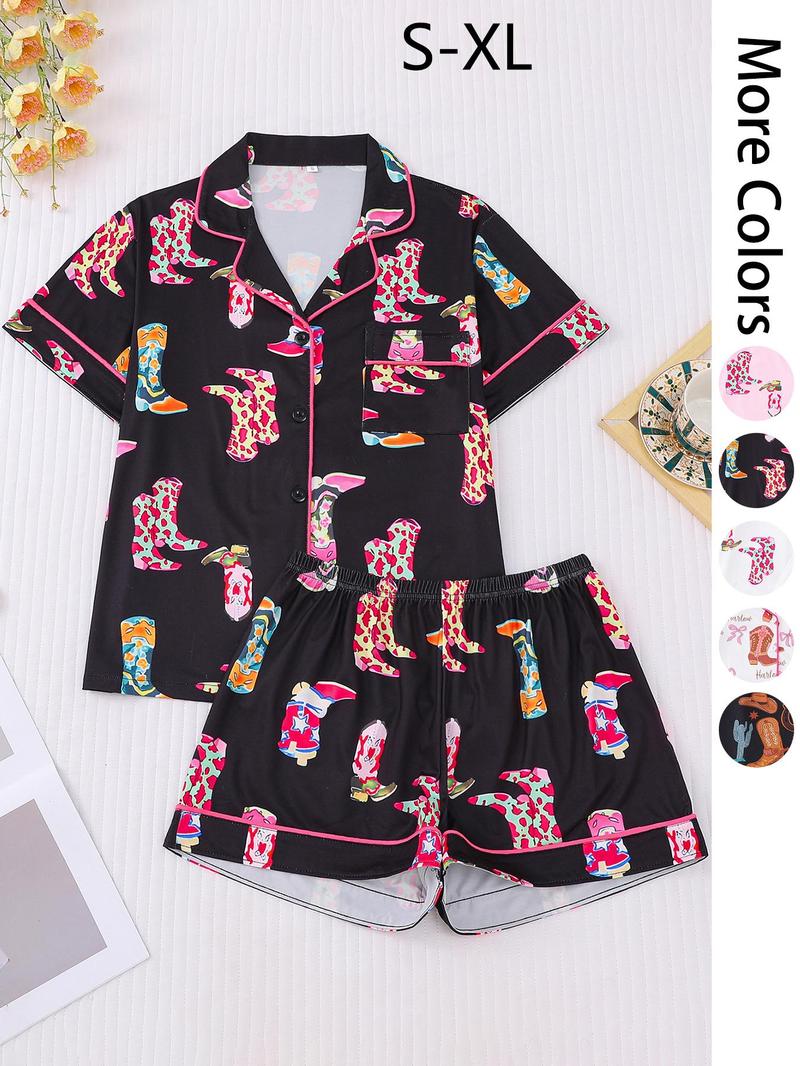 Women's All Over Cowboy Boots Print Pajama Two-piece Set, Casual Comfy Short Sleeve Lapel Neckline Tee & Shorts PJ Set, Ladies Summer Sleepwear