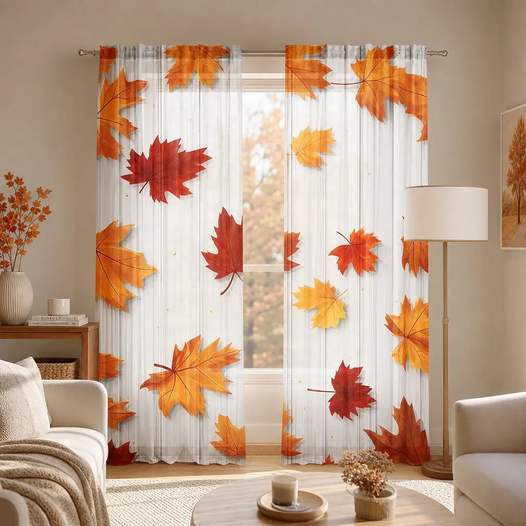2 Piece Autumn Leaf Print Semi-Transparent Curtains, Floor-Length, Insulating and Heat Retaining, Bedroom and Living Room Decor